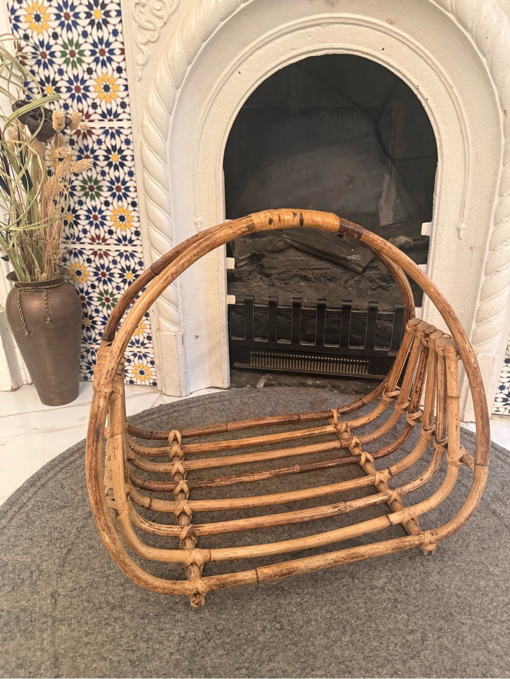 Vtg Mid Century Albini Syle Rattan Bamboo Magazine Rack Firewood Basket Holder